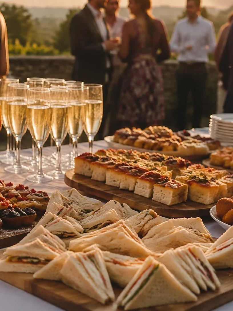 Buffet di catering con spritz, tramezzini e pasticceria